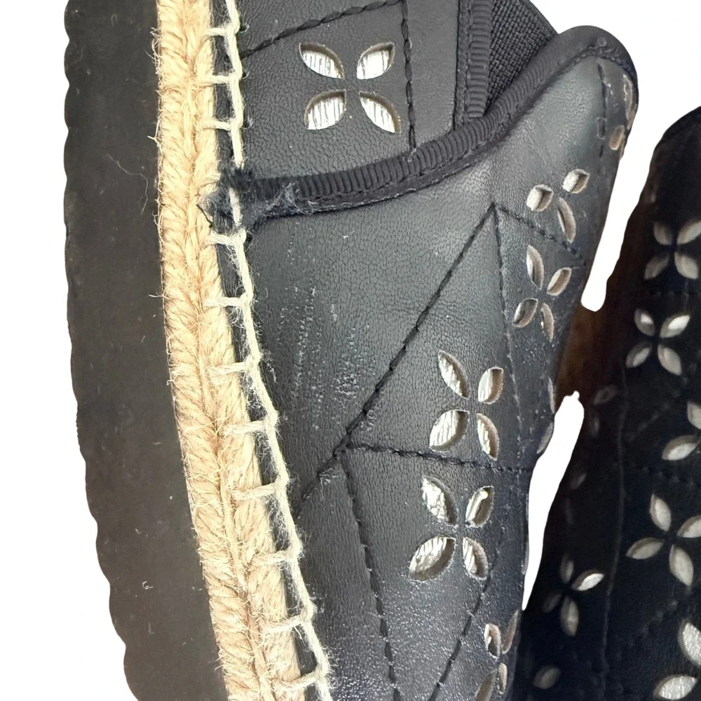 Michael Kors Black Leather‎ Laser Cut Floral Espadrille Platform Slip On Shoes
